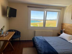 a bedroom with a bed and a desk and a window at Hostal Balieiros Corrubedo in Corrubedo