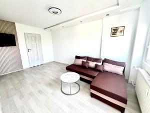 a living room with a couch and a table at Apartament u Ani in Iława
