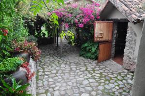 Valle Dorado Lodge في كوسكو: حديقة بها ورد وردي وممشى حجري