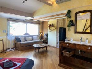 uma sala de estar com um sofá e um lavatório em "MAS TRAMONTANE "chambres d'hôtes et studio avec piscine dans parc arboré em Ille-sur-Têt