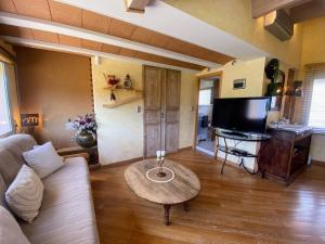 ein Wohnzimmer mit einer Couch, einem Tisch und einem Fernseher in der Unterkunft "MAS TRAMONTANE "ancien mas agricole avec chambres d'hôtes, studio, parc arboré, piscine et sa vue face au Canigou in Ille-sur-Têt