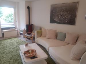 ein Wohnzimmer mit zwei Sofas und einem Tisch in der Unterkunft Ruhiges & gemütliches Apartment im Herzen von Hüde 300 m entfernt vom Dümmer See in Hüde