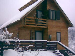 a log cabin in the snow with snow on the porch at Cabana Bradut Borsa in Statjunea Borsa