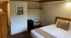 een hotelkamer met een bed en een stoel bij Spring Valley Inn in Spring Green