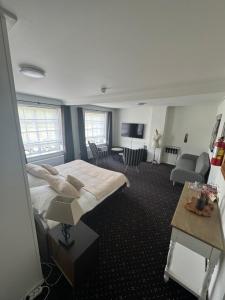 1 dormitorio con 1 cama y sala de estar en Ouwe Schuure, en Sluis