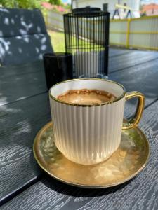 a cup of coffee on a plate on a table at Apartman Rawda 2 in Jajce
