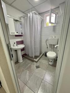 a bathroom with a shower and a toilet and a sink at Lux Ohrid in Ohrid