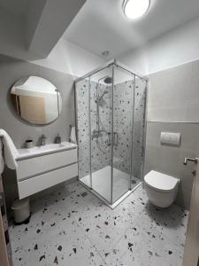 a bathroom with a shower and a toilet and a sink at APARTMANI 4 PALME in Starigrad-Paklenica