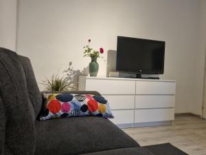 a living room with a tv and a couch with a pillow at Apartments Dora in Crikvenica
