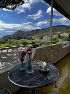 a table with a vase and flowers on a balcony at Vida Locrese con piscina salata in Gerace