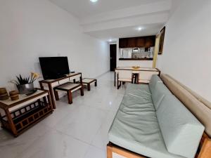 a living room with a couch and tables and a tv at Areia Preta in Guarapari