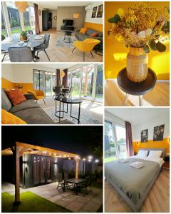 een collage van foto's van een slaapkamer en een woonkamer bij Veluwe Home 'De Bosvogel' luxe natuurhuis in Ermelo