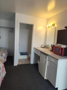 Cette chambre comprend une salle de bains pourvue d'un lavabo et d'un miroir. dans l'établissement Colorado Inn Motel, à Canon City
