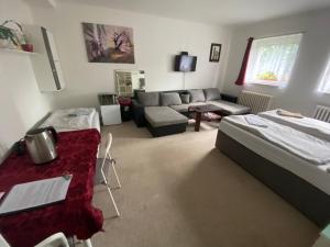 uma sala de estar com uma cama e um sofá em Homestay u Hanky em Zdiby