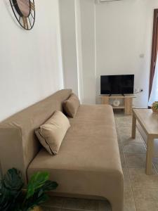 a brown couch in a living room with a tv at Melivia apartments in Ierissos +3 photos