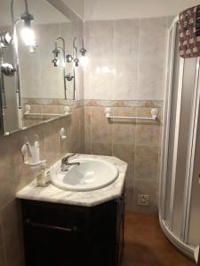 a bathroom with a sink and a shower at Quartos Abelha in Porto Covo