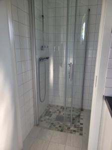 a bathroom with a shower with a glass door at Helgas stuga i Jonstorp in Jonstorp