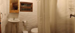 een badkamer met een wastafel, een toilet en een spiegel bij Casa de leña, cabaña rural in Villa de Leyva