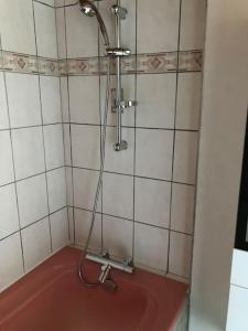 a shower in a tiled bathroom with a red floor at Logis cosy in Montbéliard