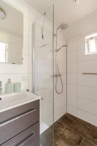 ein Bad mit einer Dusche und einem Waschbecken in der Unterkunft Woonboerderij Dijkerhoek in Holten