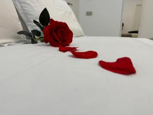 una rosa rossa e due cuori su un letto di Varese Apartment a Varese