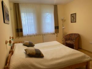 een slaapkamer met een bed, een stoel en een raam bij Marianna Apartmanház in Zalakaros