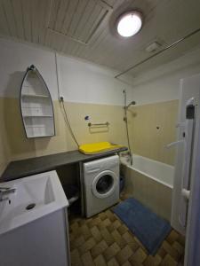 Les Sables VignierにあるAppartement les pieds dans l eauの洗濯機と洗面台を備えたバスルーム