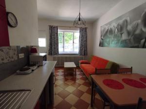 a living room with a couch and a table at Apartmány Slavín in Sklené Teplice