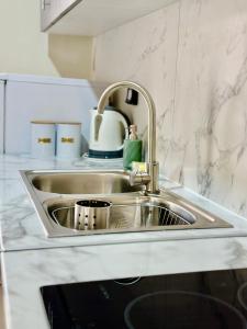a sink in a kitchen with a tea kettle at Anemos Studios & Apartments in Póros Kefalonias