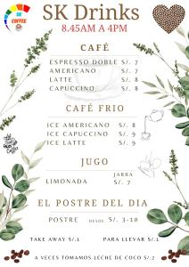 un conjunto de seis bebidas y seis menús de café amazon ayrm con plantas en SK Hostal en Cuzco