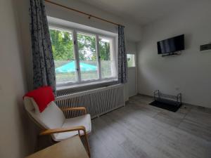 a living room with a chair and a window with a pool at Apartmány Slavín in Sklené Teplice