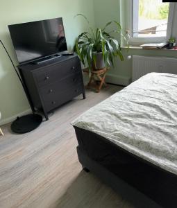 a bedroom with a bed and a flat screen tv at Kleine FeWo auf m Hasten in Remscheid