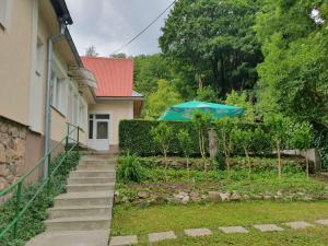 a house with a blue umbrella next to a house at Apartmány Slavín in Sklené Teplice