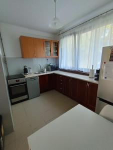 a kitchen with wooden cabinets and a sink and a window at Apartament Southy in Koszalin