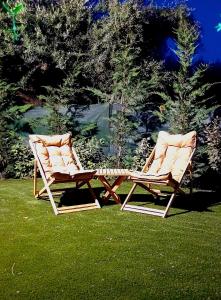dos sillas y una mesa de picnic en el césped en Villa Melody Complex, en Akrotiri