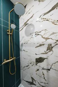 eine Dusche im Bad mit Marmorwand in der Unterkunft L'Emeraude in Saint-Brieuc