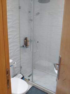 uma cabina de duche em vidro numa casa de banho com WC em Hassan em Rabat