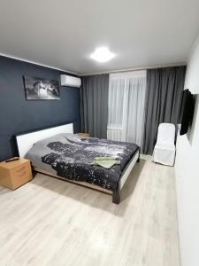 尼古拉耶夫Квартира的一间卧室，里面有一张床和一台平板电视