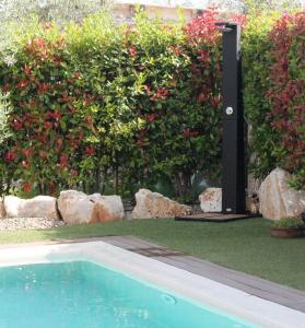 a swimming pool in front of a hedge with red roses at La linea dell'orizzonte in Alberobello