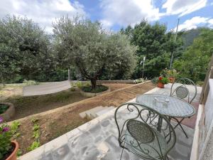 a patio with a table and chairs in a garden at I Due Ulivi in Calice al Cornoviglio