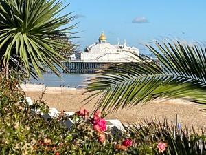 a cruise ship in the water with palm trees at "The Celebration" Balcony Seafront Apartment in Eastbourne +24 photos