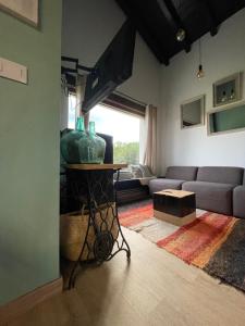 a living room with a couch and a table with vases on it at El Mirador de las Cuencas in Abiada