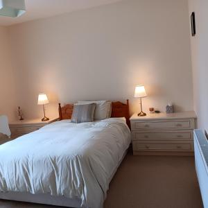 a bedroom with a bed with two nightstands and two lamps at Home from home in East Galway in Ballycrossaun