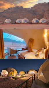 Faisal Wadi Rum camp في وادي رم: صورتين لغرفة فندقية مطلة على الصحراء