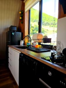 cocina con encimera con fregadero y ventana en B&B Cottage in Mestia, en Mestia