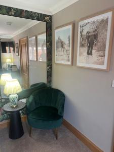 シュルーズベリーにあるBoutique Shrewsbury Roomsのリビングルーム(緑の椅子、鏡付)
