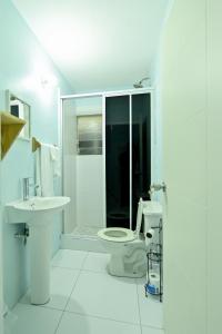 ein weißes Bad mit einem WC und einer Dusche in der Unterkunft Sands Great Bay in Treasure Beach