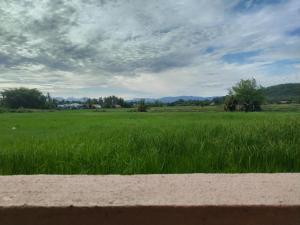ein Feld aus grünem Gras mit wolkigem Himmel in der Unterkunft Nahdhoh Langkawi Resort in Pantai Cenang