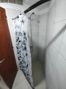 y baño con ducha y cortina de ducha. en Departamento completo en Rosario