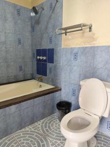 a bathroom with a toilet and a bath tub at Hotel Restaurante La Villa de los Dioses in San Antonio Palopó